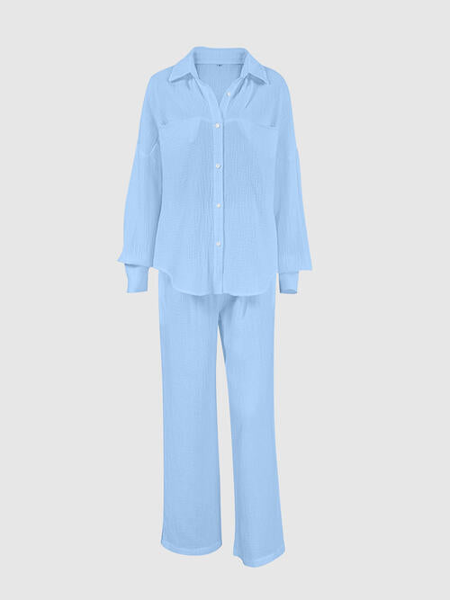 Apparel:  Texture Button Up Long Sleeve Shirt and Pants Set