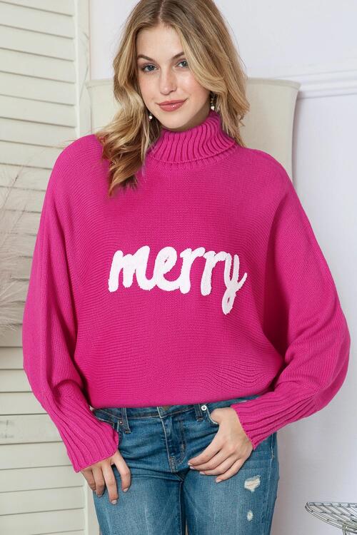 Apparel: Merry Letter Embroidered High Neck Sweater