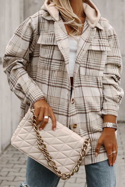 Apparel:  Curvy Size Plaid Button Up Hooded Jacket