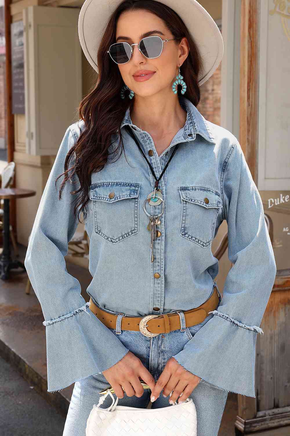 Apparel:  Button Front Flare Sleeve Denim Top