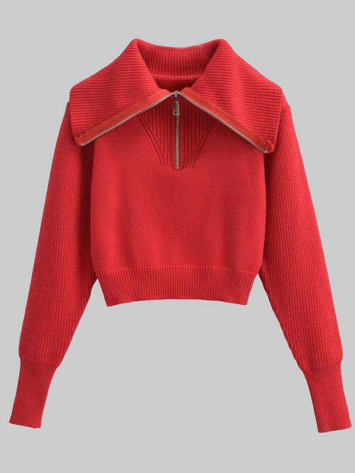 Apparel:  Half Zip Ribbed Collared Neck Knit Top